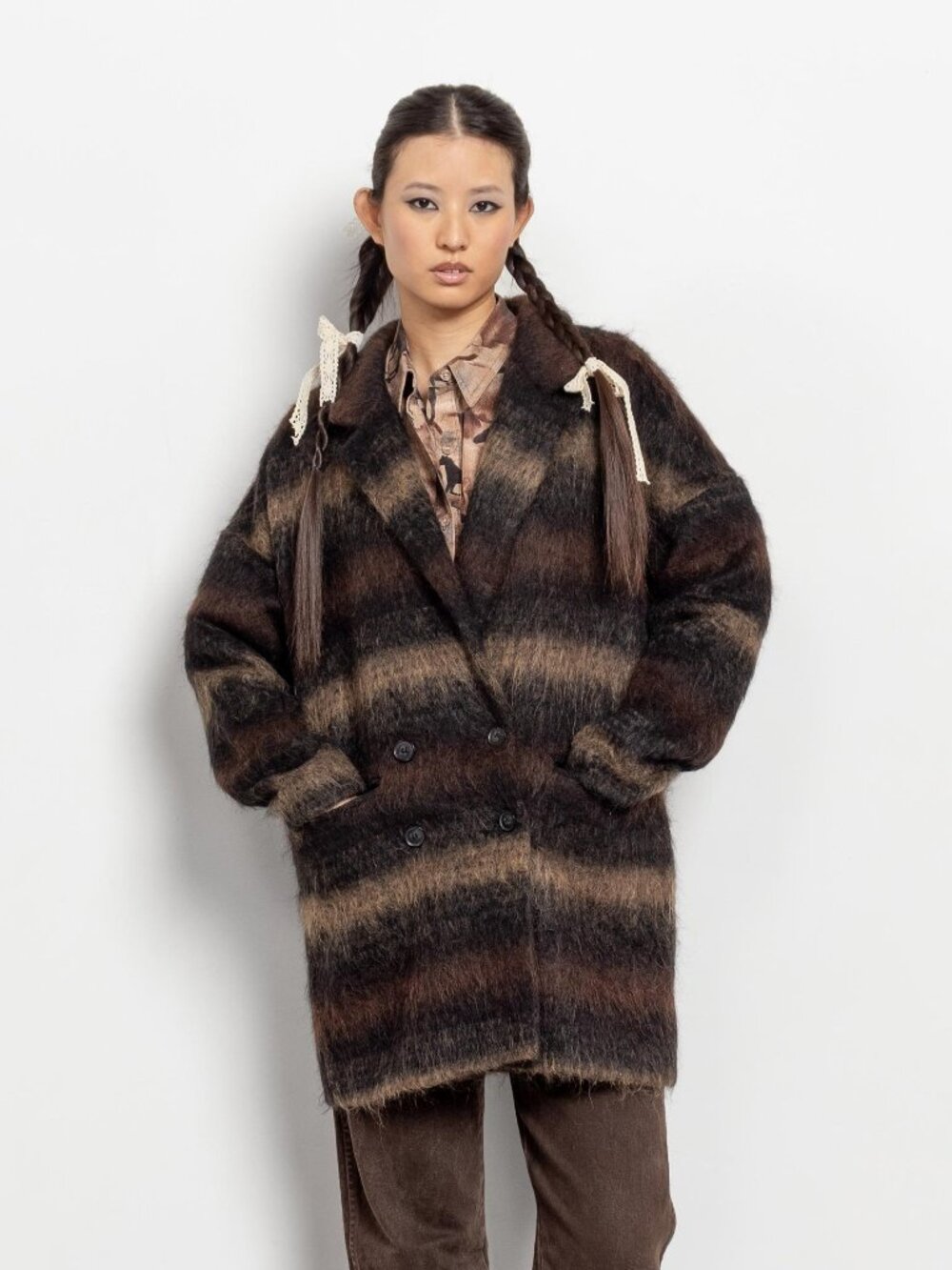 MOHAIR JACKET TRENCH Vintage Stripes Fuzzy Coat / Medium Soia & Kyo